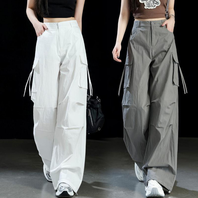여성 아이스 냉감 카고 바스락 팬츠 여름 루즈핏 속건 포켓 와이드 팬츠 바지