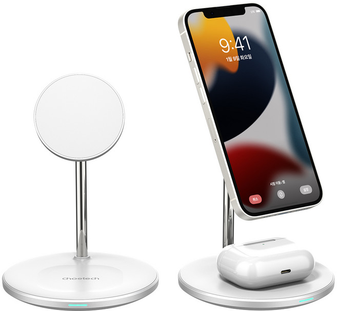 초텍 2in1 맥세이프 아이폰 에어팟 갤럭시 고속 무선충전기, 화이트, 1개
