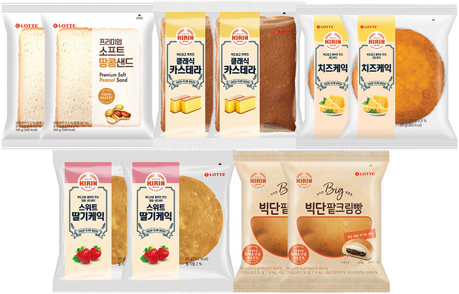 기린빵 2개씩 땅콩샌드+빅단팥크림빵+딸기케익+치즈케익+카스테라, 1세트, 1.02kg