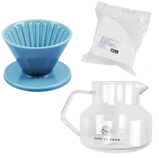 CAFEDE KONA 時光陶瓷濾杯套組 (附濾紙與咖啡壺), 清澈藍, 1個