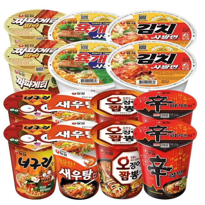 [맛슐랭] 소컵 신라면2+너구리2+새우탕2+오징어짬뽕2+육개장사발면2+김치사발면2+짜장범벅2 사무실 간식 비품 스낵 탕비실 아이들 도시락 컵라면, 1박스