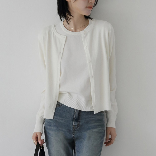 제니트 여성 페미닌 데일리 모던 여리핏 반팔 니트 긴팔 가디건 세트 라운드넥