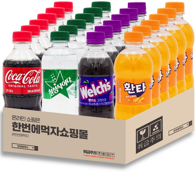 [한번에먹자] 과즙탄산 300ml 4종 혼합 / 코카콜라 6 + 칠성사이다 6 + 환타오렌지 6 + 웰치스포도 6 / 총24페트, 1세트