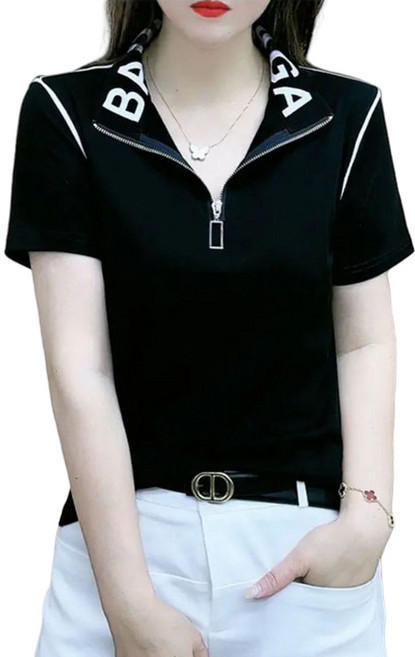 ROYALBELLE 여성 스트라이프 반팔 티셔츠 하프집업 카라넥 데일리 패션 면티 캐주얼룩 V50719