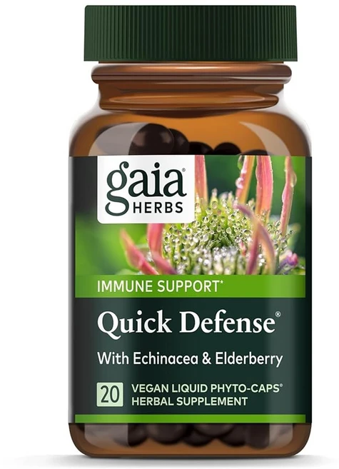 가이아 허브 퀵 디펜스 - 증상 발현 시 사용할 수 있는 신속 작용 면역 지원 보충제 에키나시아 블랙 엘더베리 진저 및 안드로그라피스 액체 식물성 캡슐 80개(8일 공급), 20 Count (Pack of 1) - 쿠팡