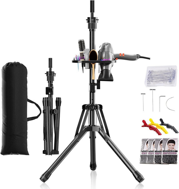 가발 헤드 스탠드 삼각대 - 강화된 마네킹 높이 조절 가능 31 57 스타일링 미용 교육용 캡 T핀 헤어 클립 포함, 57 inches, 1