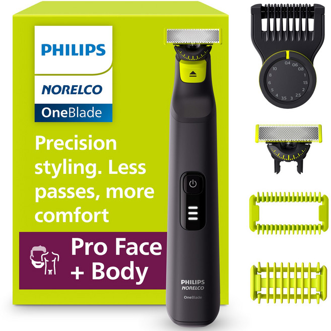 Norelco OneBlade Pro 360 + 360 14 QP654270 필립스 얼굴 바디 전기 면도기 수염 트리머, 블랙/라임 그린, 원블레이드 프로 360 페이스+바디