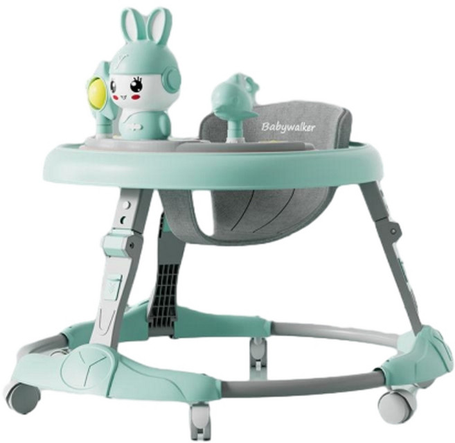 Babywalker 綠色可調式學步車 帶燈光音樂 防側翻 折疊設計, 綠色 普通輪 燈光音樂, 1個