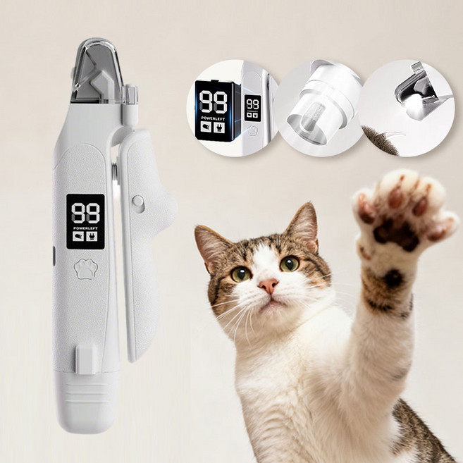 SMTONE 2in1 고양이 LED 라이트 전동 발톱깎이 연마기 Type-C 충전식 애견발톱 다듬기 저소음 펫 에일 연마기 강아지 고양이 네일케어기, 1개, 화이트