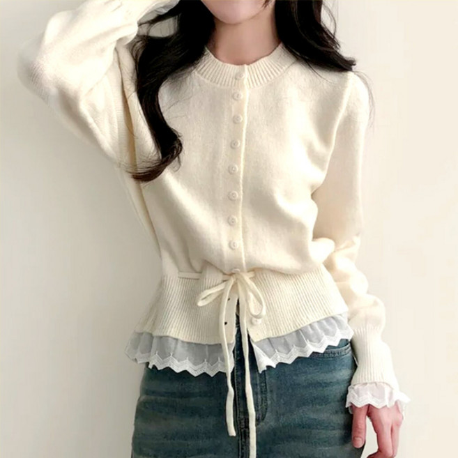 라라홀리 러블리 레이스 밑단 허리 스트링 리본 소프트 니트 가디건