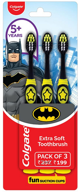 Colgate Kids Batman Manual Toothbrush Extra-soft Bristles and Built-in Tongue, 1개, 3개입