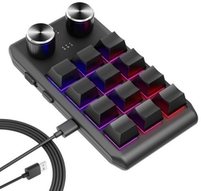 블루투스 무선 프로그래밍 매크로 커스텀 블루투스 키보드 RGB 12 키 복사 붙여넣기 미니 단추 게이밍 키패드 기계식 핫스왑 메크로패드 2 노브 메크로, 적축, 메크로 12키, Black