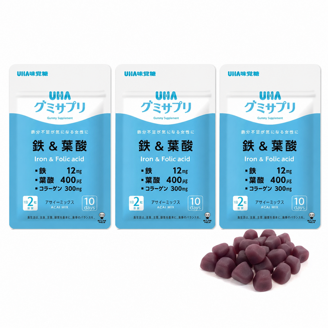 UHA 味覺糖 鐵 & 葉酸 綜合莓果口味軟糖 10日份共20顆 小包裝, 3個, 20顆