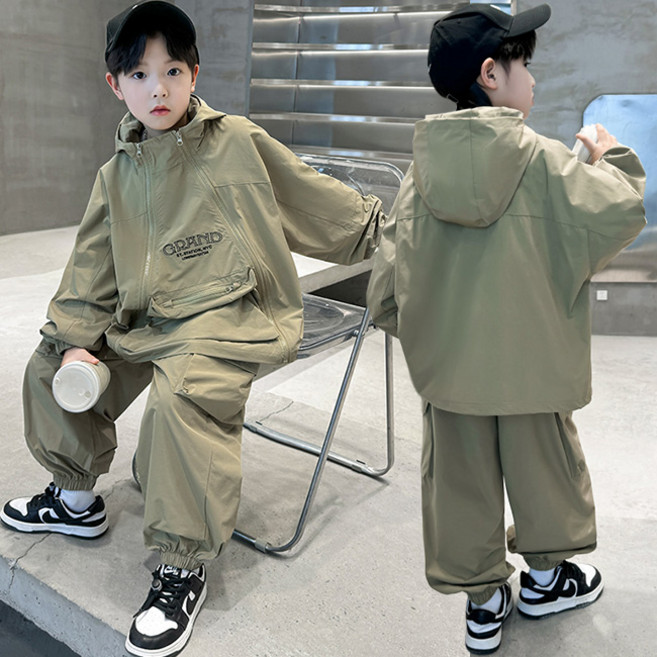 비비키드 남아 봄 가을 레터링 프린팅 빅포켓 포인트 바람막이 후드집업 상하복 주니어 세트 초중생 긴팔티 초등생 긴바지 세트 (612)