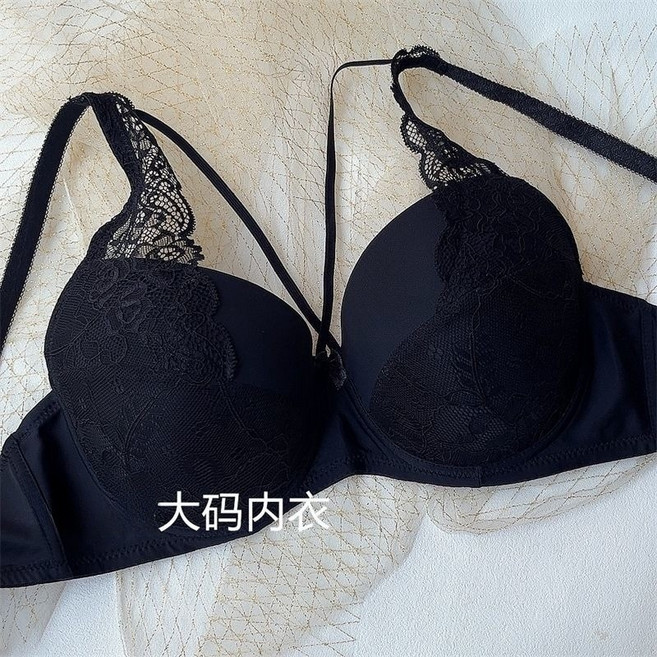 成套內衣褲 交叉細帶美胸內衣 薄款大胸顯小 大碼內衣褲成套, 黑色【軟鋼圈】,46/105BC【罩杯稍小】