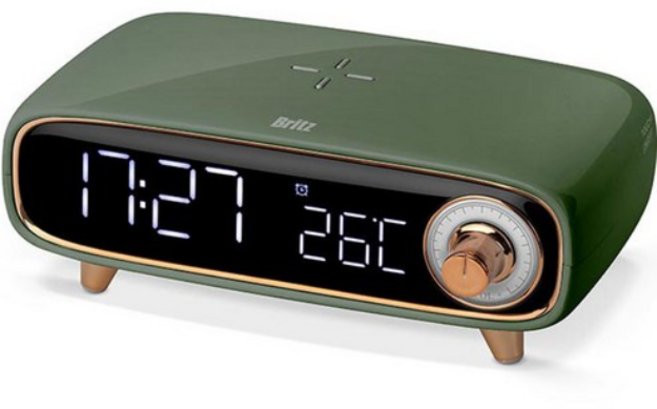 브리츠 블루투스 스피커 무선충전 시계 알람 무드등, BA-MCK9, 카키