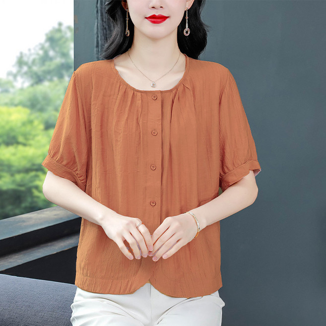 라부라카 중년여성 여름 라운드 면마 반팔 블라우스 데일리 반팔티 루즈핏반팔셔츠 쿨링 엄마옷상의 빅사이즈 SBN01