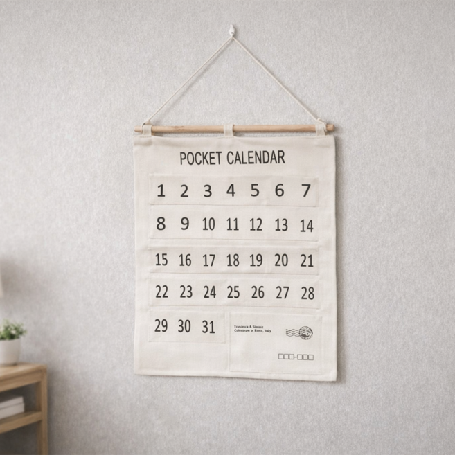 리빙릿 약 캘린더 한달 패브릭 달력 날짜별 생활비 포켓 용돈 주머니, 1개, 화이트