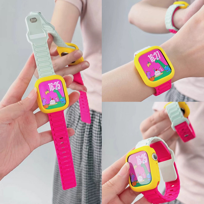 Qianshida 애플워치 투톤 실리콘 밴드+케이스 세트 스포츠 여성 고급 디자인 40/41/42/44/45/46mm 시리즈4~11 SE 호환, 1세트, 노란색 조개껍데기 (민트 그린 + 바비 핑크)