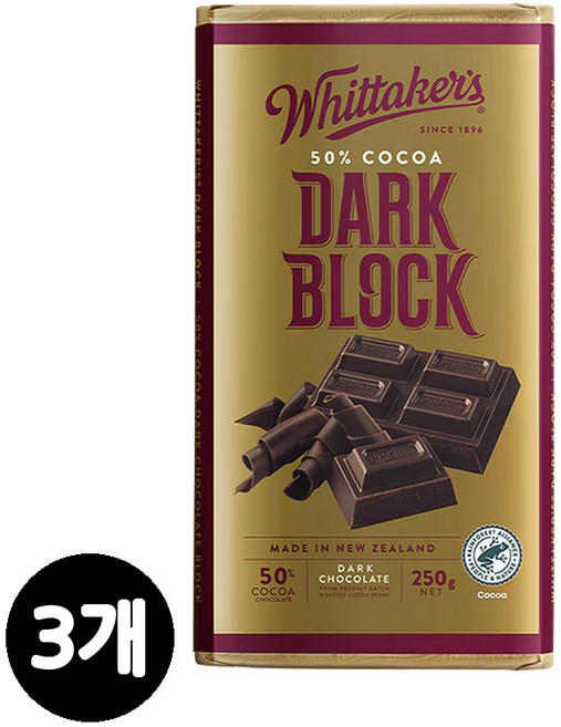 Whittakers 휘태커스 50% 코코아 다크 블럭 초콜릿 바 스낵 250g 3팩, 3개