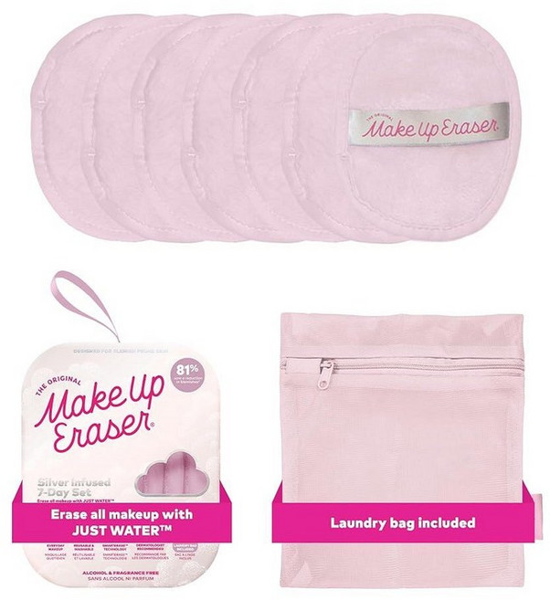 The Original MakeUp Eraser 7일 세트 방수 마스카라 아이라이너 파운데이션 립스틱 자외선 차단제 등을 포함한 물만으로 모든 메이크업을 지울 수 있습, Silver Infused