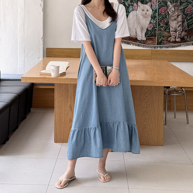 데일리앤 캘린 레이어드 청 멜빵 뷔스티에 원피스 브이넥 끈 나시 프릴 여름 데님 롱원피스