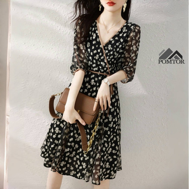 POMTOR 여성 V넥 나염 기질 시폰 원피스 여성 원피스