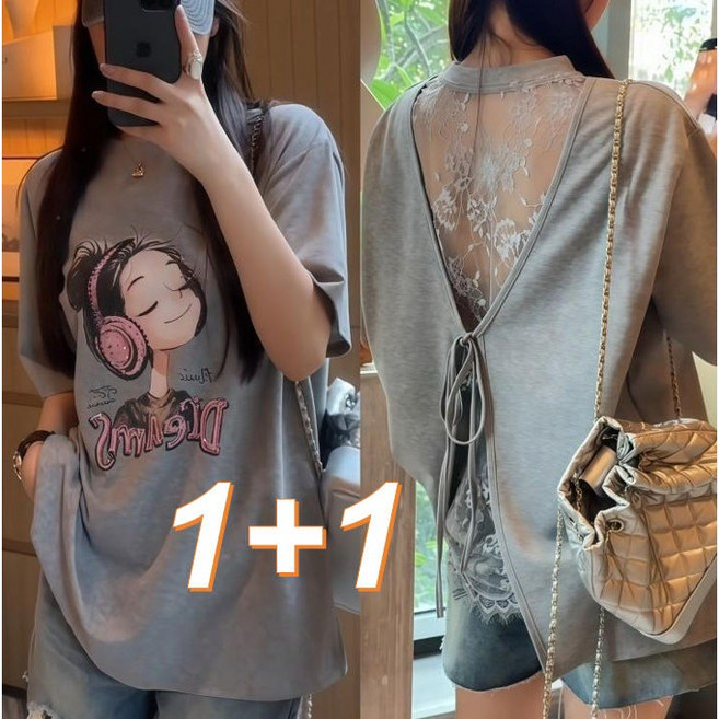카카보보 1+1 빅사이즈 여성 레이스 펀칭 반팔 티셔츠 시스루 섹시 라운드 여름 티셔츠 오버핏 박시티