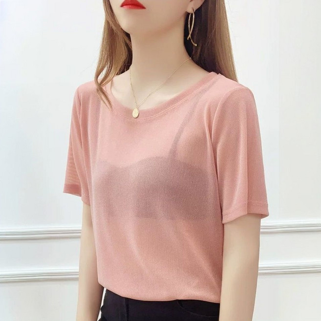 半袖t恤大碼女裝夏季2025新款微透上衣女大領口短袖網紗打底衫女