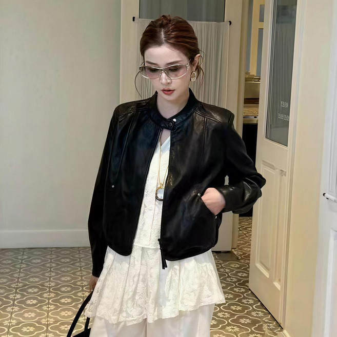 復古立領PU皮衣短款拉鍊夾克外套女