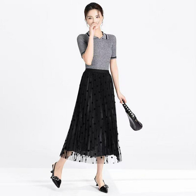 Qurora 網紗波點中長裙 高腰 A字裙