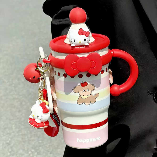[신상] 밀크카 헬로키티 캐릭터 헬스물통 텀블러 +데코덴 파츠+세척공구 쉐이커보틀 헬스물통 600ml, 1개, 레드 스타일