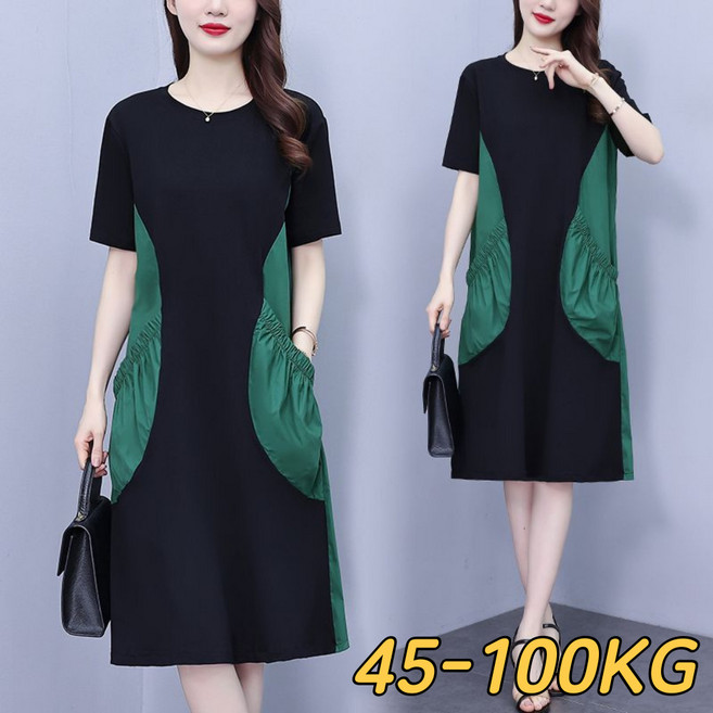 중년여성 루즈핏 롱 원피스 여름 라운드넥 배색 반팔 원피스 엄마의류 빅사이즈 50대60대 ~100KG까지