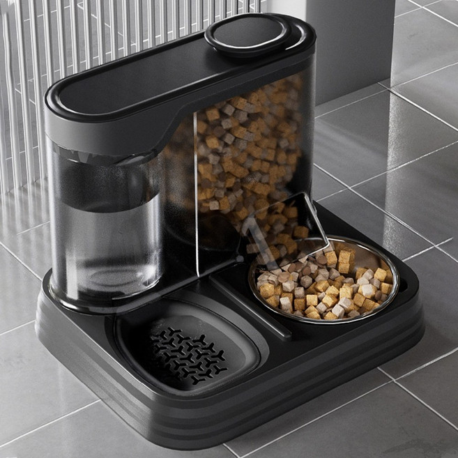 Star Fun 대용량 고양이/강아지용 물/사료 급식기 세트, 1개, 검은색, 1.5L