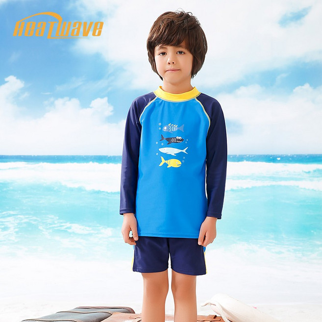 Heatwave 熱浪 男童泳衣 分體長袖兒童衝浪衣 附平角褲 藍色 魚圖案