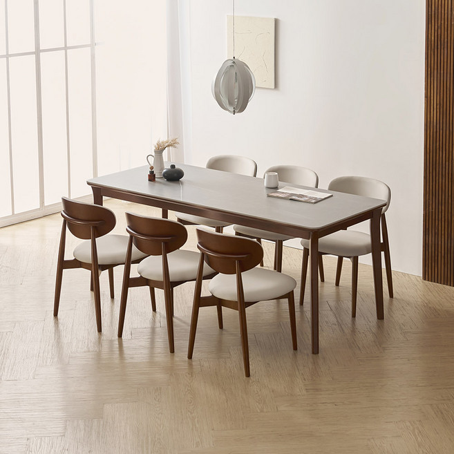 라로퍼니처 플레인 1900 포세린 통 세라믹 6인 고무나무 원목 식탁 세트 화이트 / 그레이 상판, 식탁+의자6