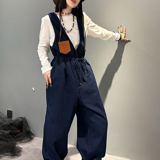 JUSTFEELING 허리스트링 데님 멜빵바지 와이드핏 통바지 청바지 캐주얼 날씬해보이는 데님바지 청 점프슈트 6xl까지