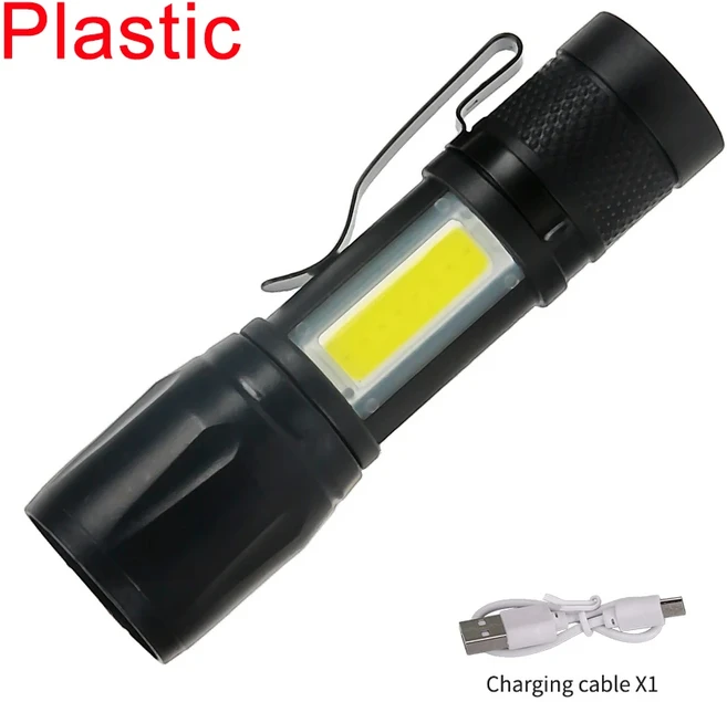 T6 COB 라이트 충전식 휴대용 LED 내장 배터리 줌 플래시 3 가지 모드 방수 비상 토치, 없음, 3) Package A - 2PCS - With box