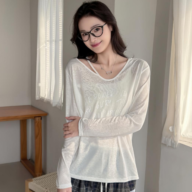 무니유유 텐셀원단 홀터넥 오버핏 냉감 아이스 쿨 시스루 긴팔 티셔츠