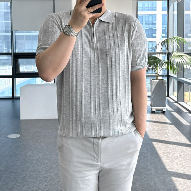 룩플레인 세련된 텐셀 린넨 원단 반집업 반팔 니트 카라 티셔츠 3color