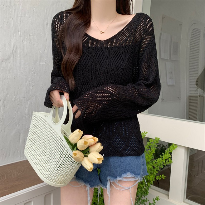 채윤러브 여성 브이넥 시스루 루즈핏 그물 긴팔 망사니트 CY0329A