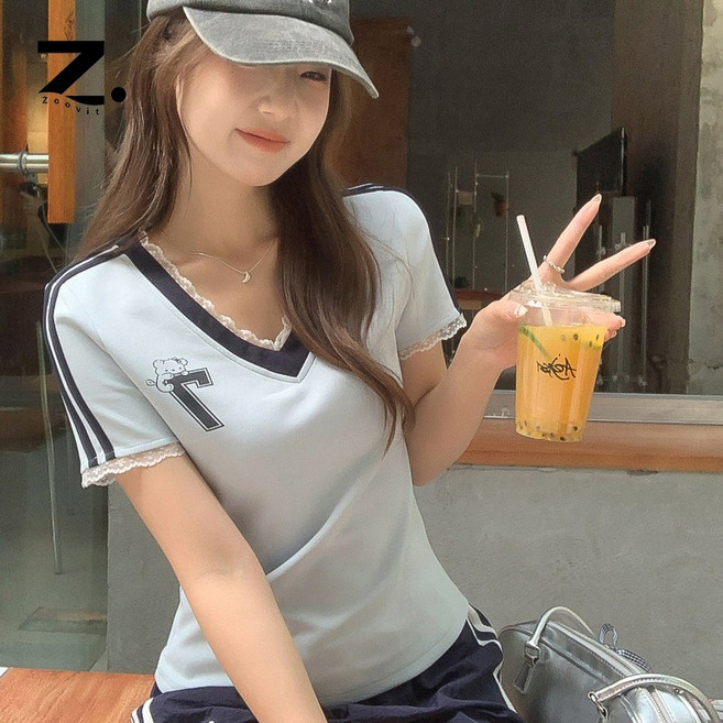zoovit 여성 여름 슬림핏 반팔티 일상 레이스 브이넥 상의