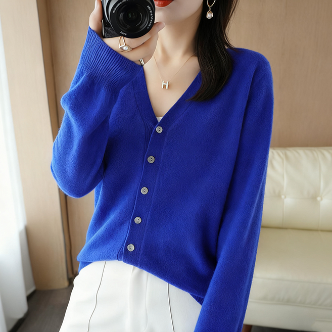 여성 브이넥 니트 가디건 데일리 소프트 베이직 루즈핏 긴팔 아우터 슬림소녀