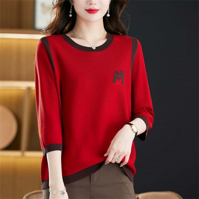 TKX 여성 반팔 니트 상의 라운드넥 심플 배색 포인트 레터링 데일리 슬림핏 캐주얼 오피스 활용 여름 웨어