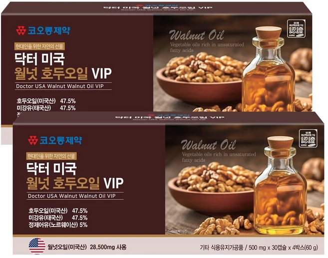 코오롱제약 미국산 호두오일/월넛오일 28500mg함유/불포화지방산/저온압착 4개월분 캡슐형, 2개, 120정 - 쿠팡