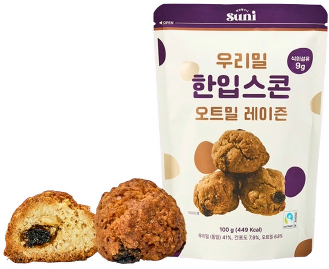 착한빵수니 우리밀 한입스콘 오트밀 레이즌 우리통밀 공정무역 비정제설탕 구움과자, 1개, 100g