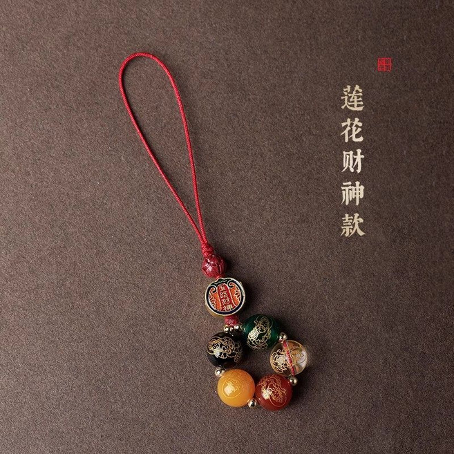 硃砂貔貅 五路財神 手機掛飾, 1個, 蓮花財神款