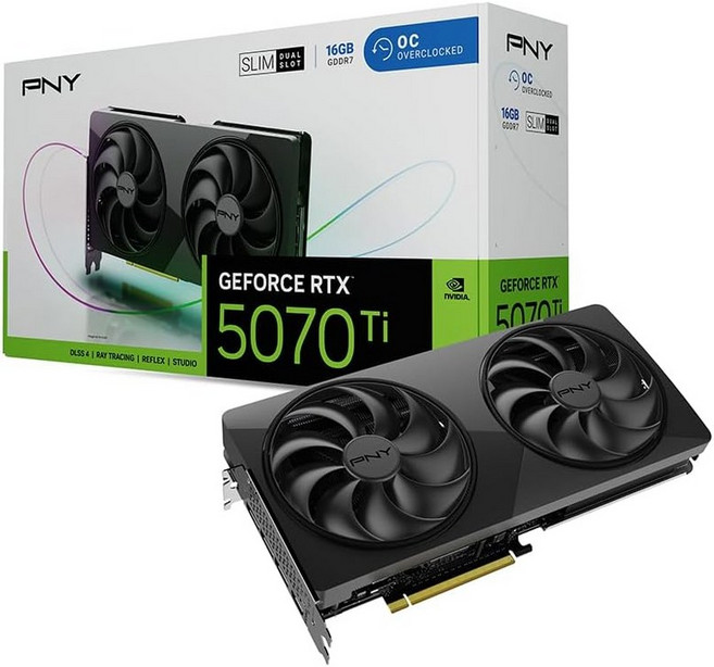PNY NVIDIA GeForce RTX 5070 Ti 슬림 듀얼 팬 슬롯 OC 그래픽 카드16GB GDDR7 256비트 부스트 속도: 2572MHz PCIe 5.0 HDMIDP