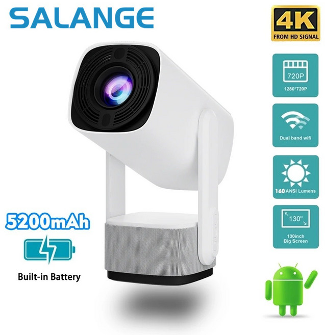 Salange 휴대용빔프로젝터 720P 풀HD 가정용빔프로젝트 홈시네마 안드로이드 11.0 스마트빔 캠핑용 충전식 프로젝터 한글지원, 화이트 EU 플러그