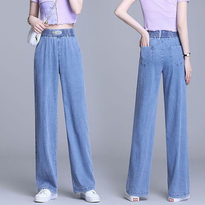 JUSTFEELING 하이웨스트 질좋은 시원한 아이스 실크청바지 와이드 허리밴딩 데일리 날씬해보이는 초경량 찰랑찰랑 데님팬츠 28-33